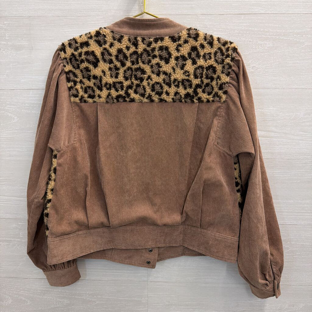 Mystree Brown Corduroy/ Fleece Leopard Print Jacket Small