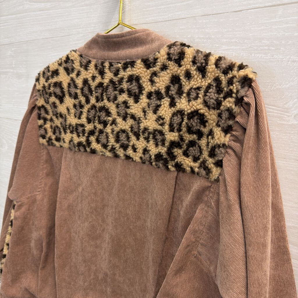 Mystree Brown Corduroy/ Fleece Leopard Print Jacket Small