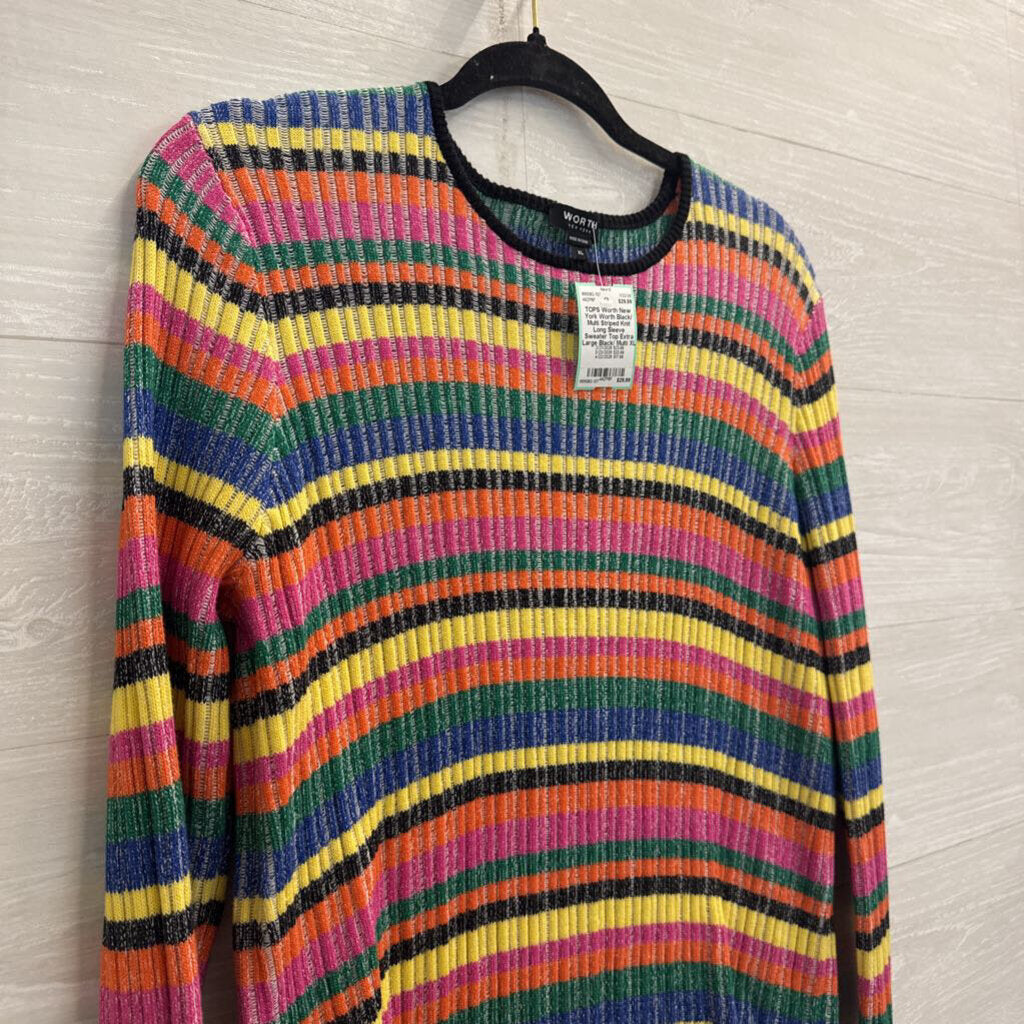 Worth Black/ Multi Striped Knit Long Sleeve Sweater Top Extra Large