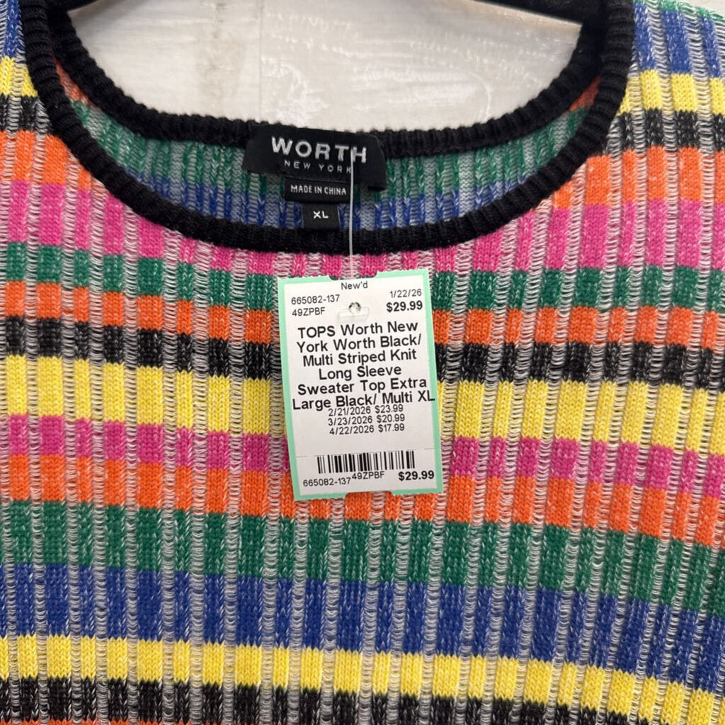 Worth Black/ Multi Striped Knit Long Sleeve Sweater Top Extra Large