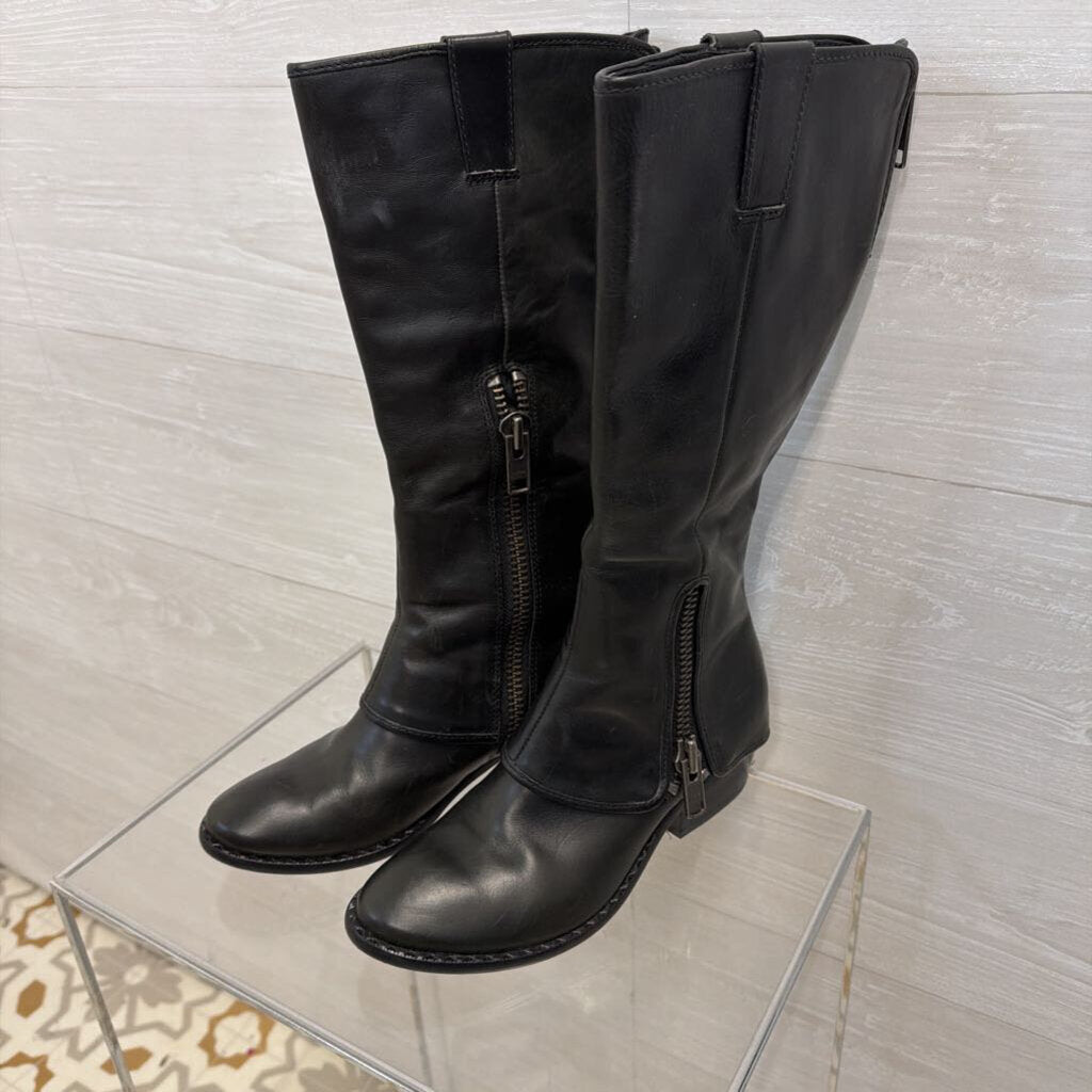 Kork Ease Black Leather Side Side Detail Black Tall Moto Boots 6
