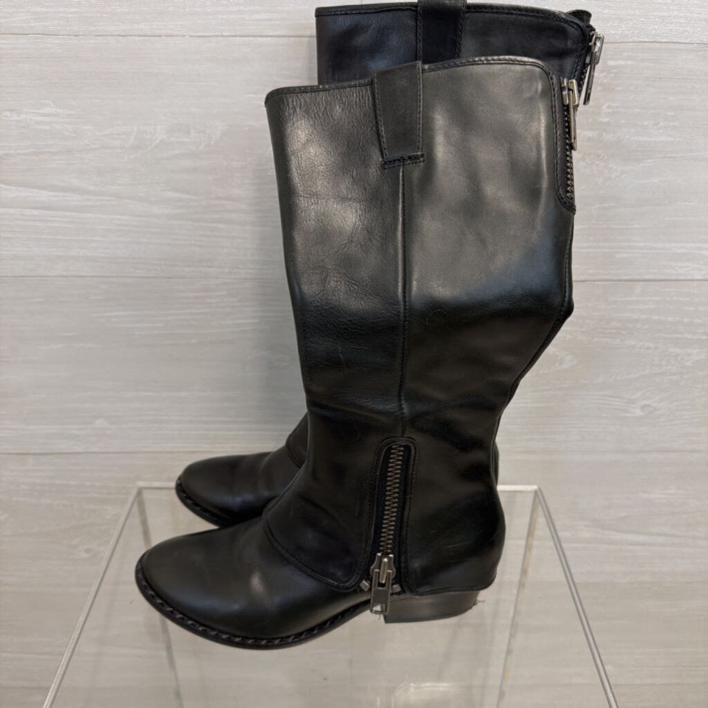 Kork Ease Black Leather Side Side Detail Black Tall Moto Boots 6
