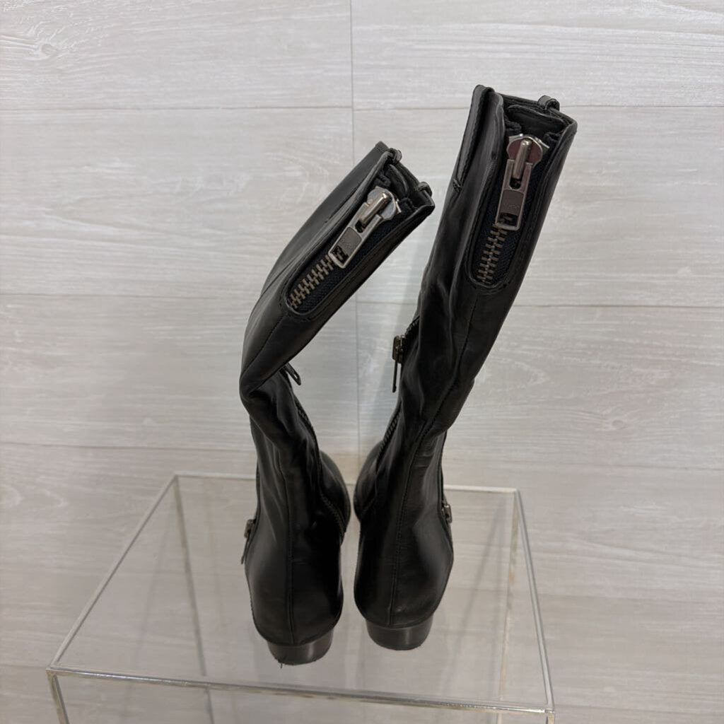 Kork Ease Black Leather Side Side Detail Black Tall Moto Boots 6