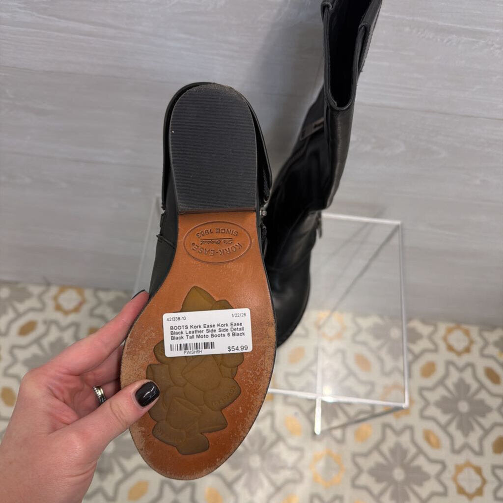 Kork Ease Black Leather Side Side Detail Black Tall Moto Boots 6