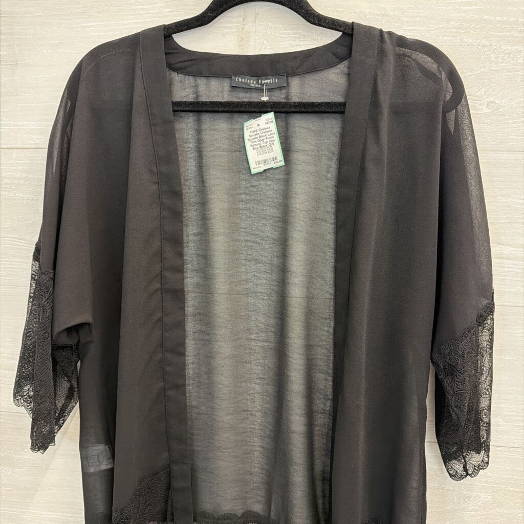 Chelsea Novelle Black Lace Trim Open Front Kimono Top One Size