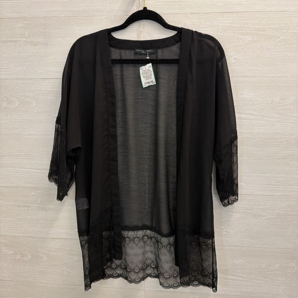 Chelsea Novelle Black Lace Trim Open Front Kimono Top One Size