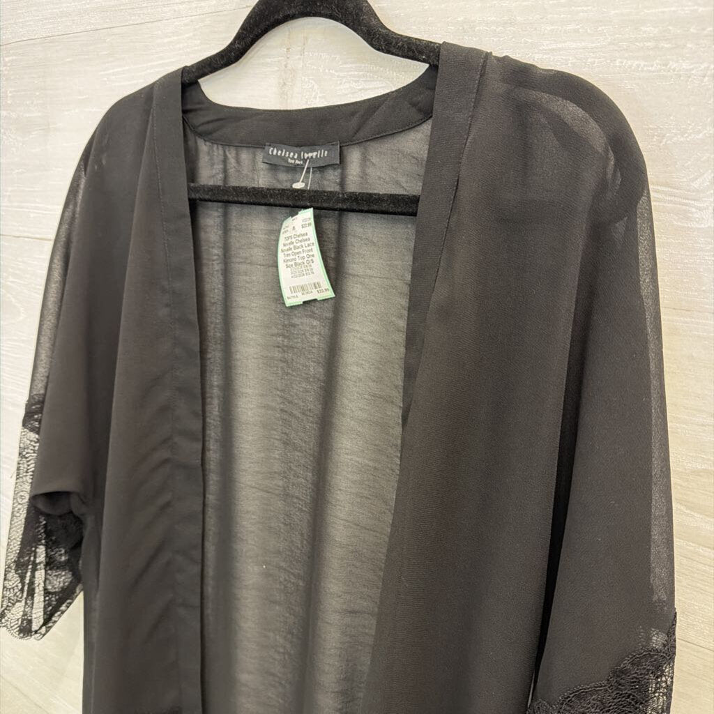 Chelsea Novelle Black Lace Trim Open Front Kimono Top One Size