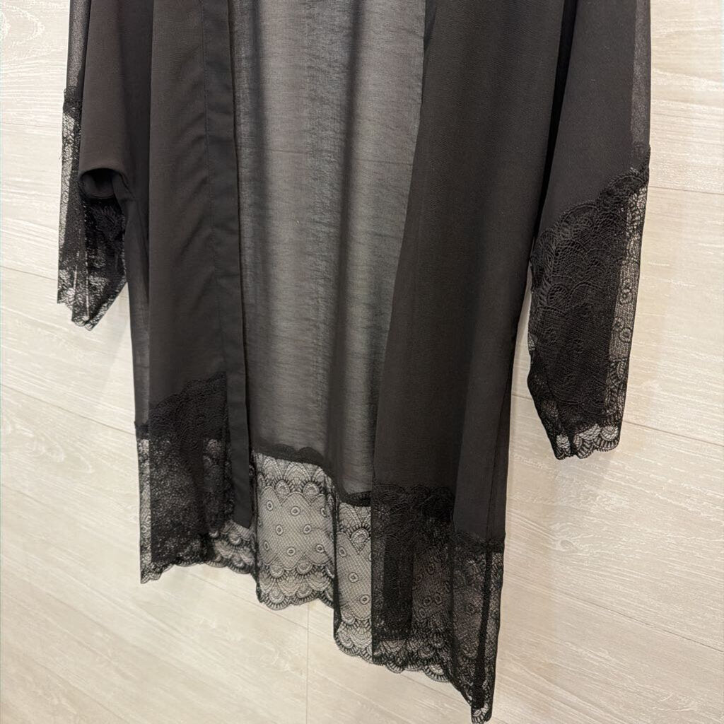 Chelsea Novelle Black Lace Trim Open Front Kimono Top One Size