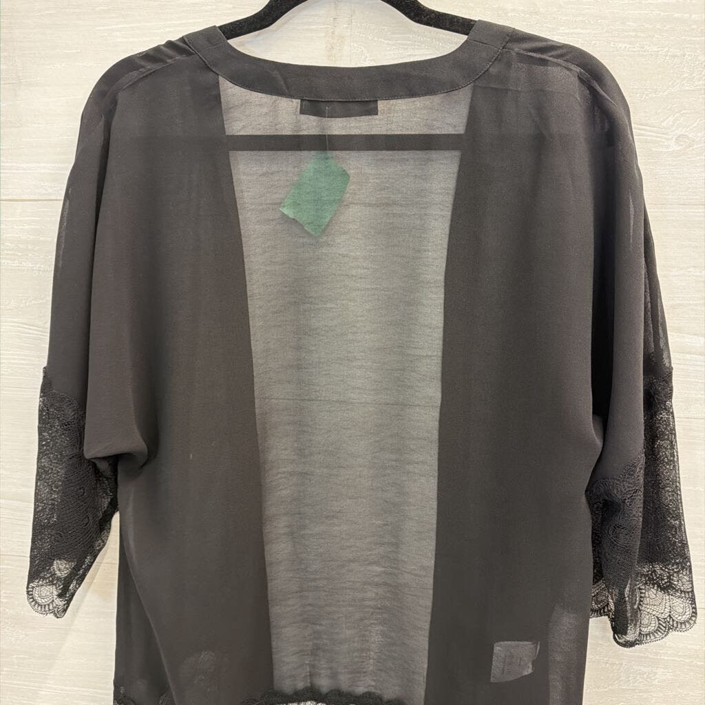 Chelsea Novelle Black Lace Trim Open Front Kimono Top One Size