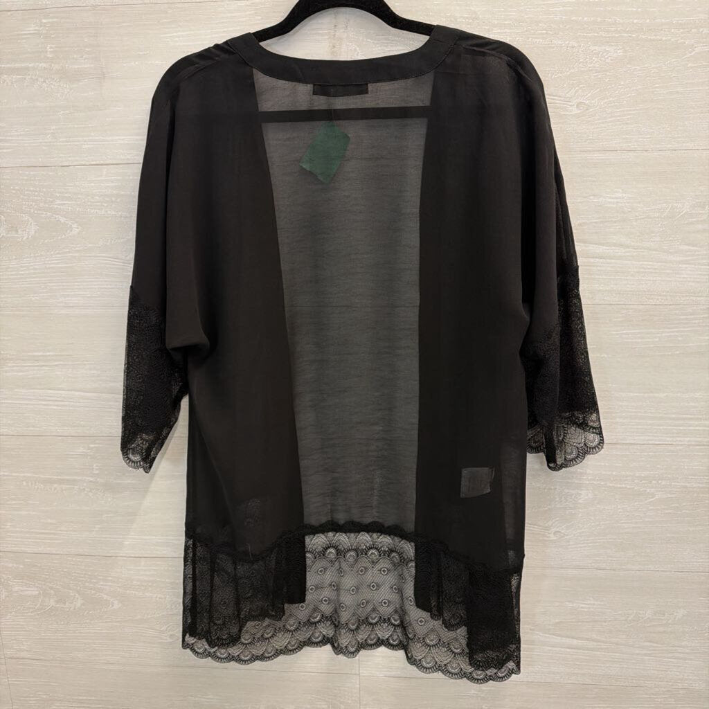 Chelsea Novelle Black Lace Trim Open Front Kimono Top One Size