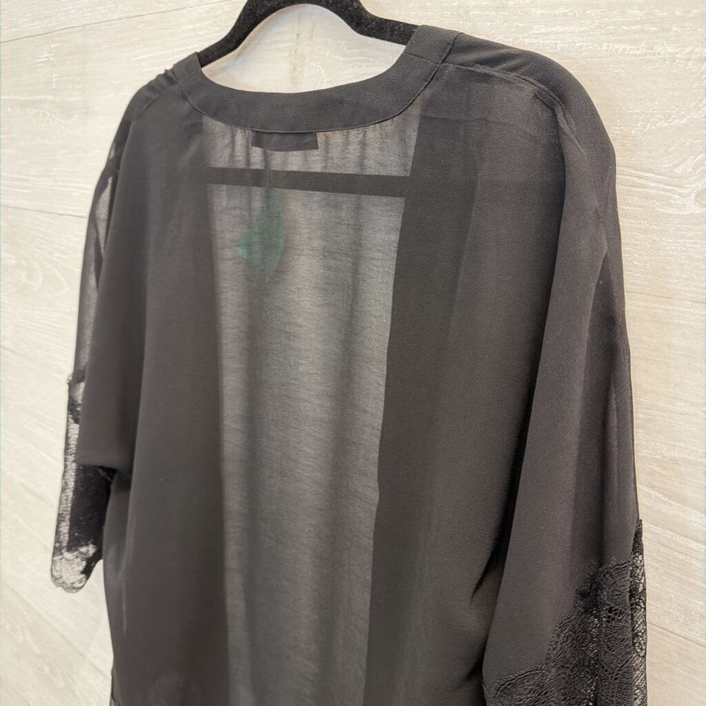 Chelsea Novelle Black Lace Trim Open Front Kimono Top One Size