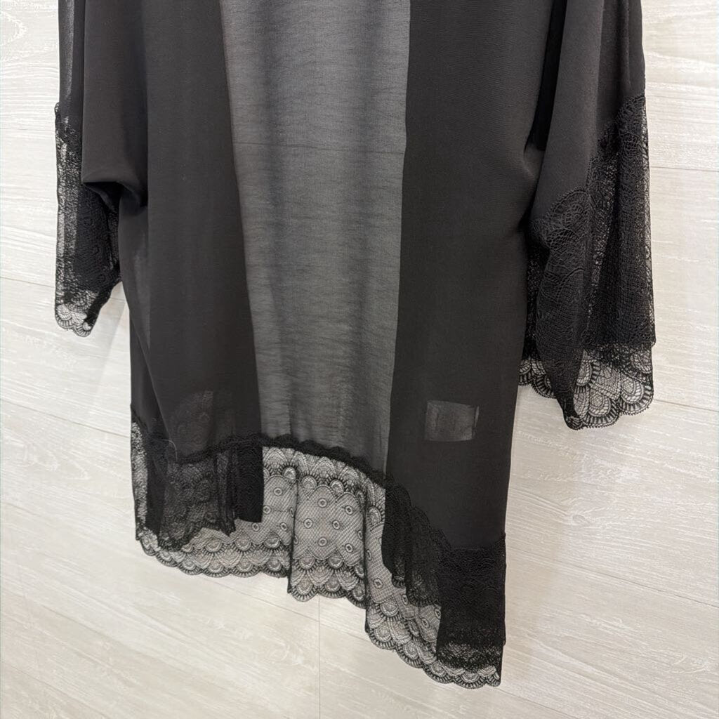 Chelsea Novelle Black Lace Trim Open Front Kimono Top One Size