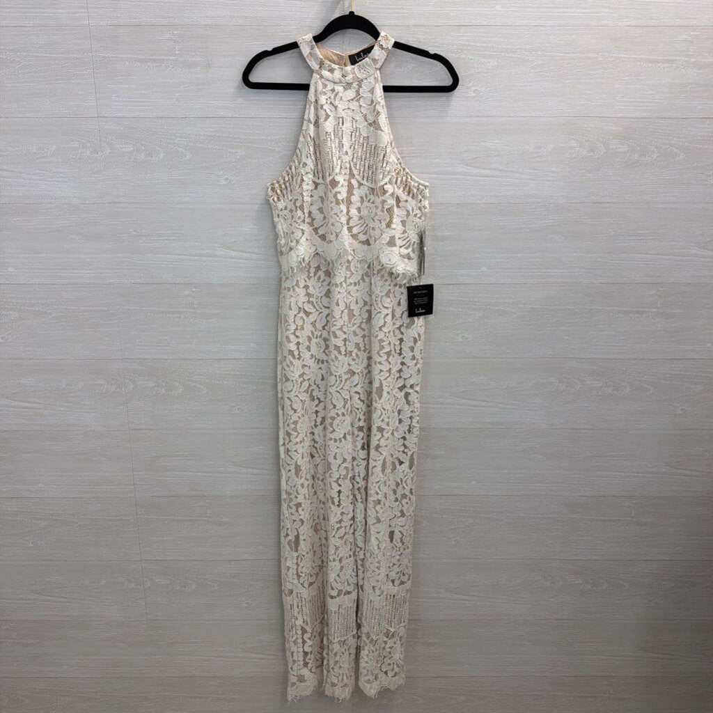 Lulus Beige/ Ivory Lace High Neck Jumpsuit Medium