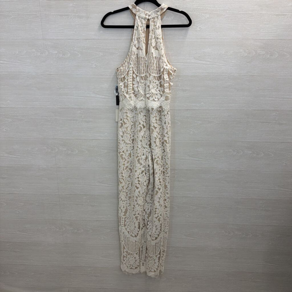 Lulus Beige/ Ivory Lace High Neck Jumpsuit Medium