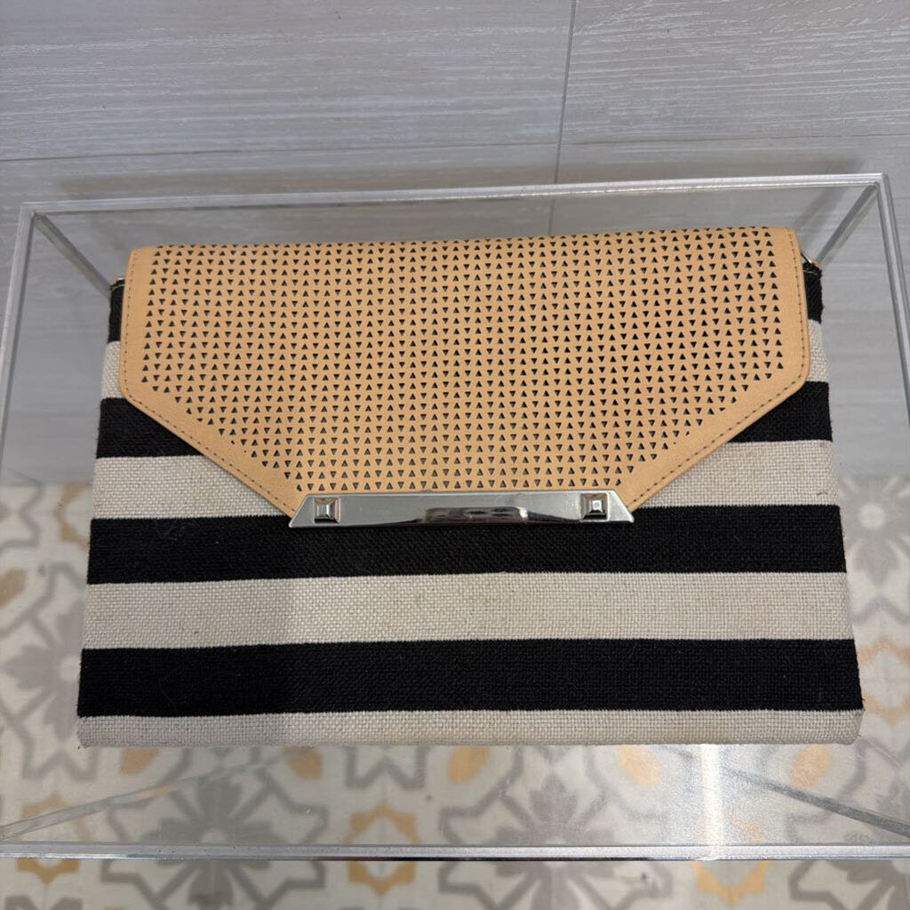 Black/ Beige Striped Canvas/ Brown Leather Clutch Purse