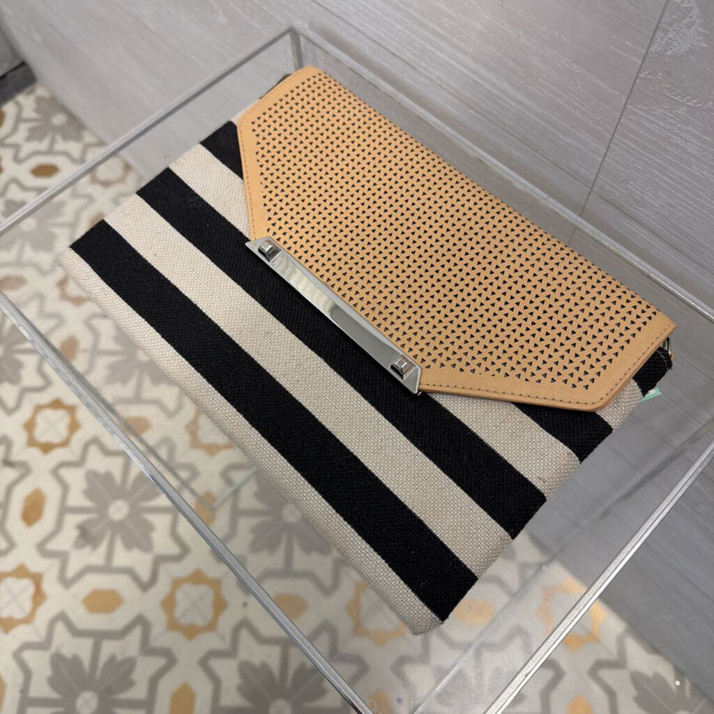 Black/ Beige Striped Canvas/ Brown Leather Clutch Purse