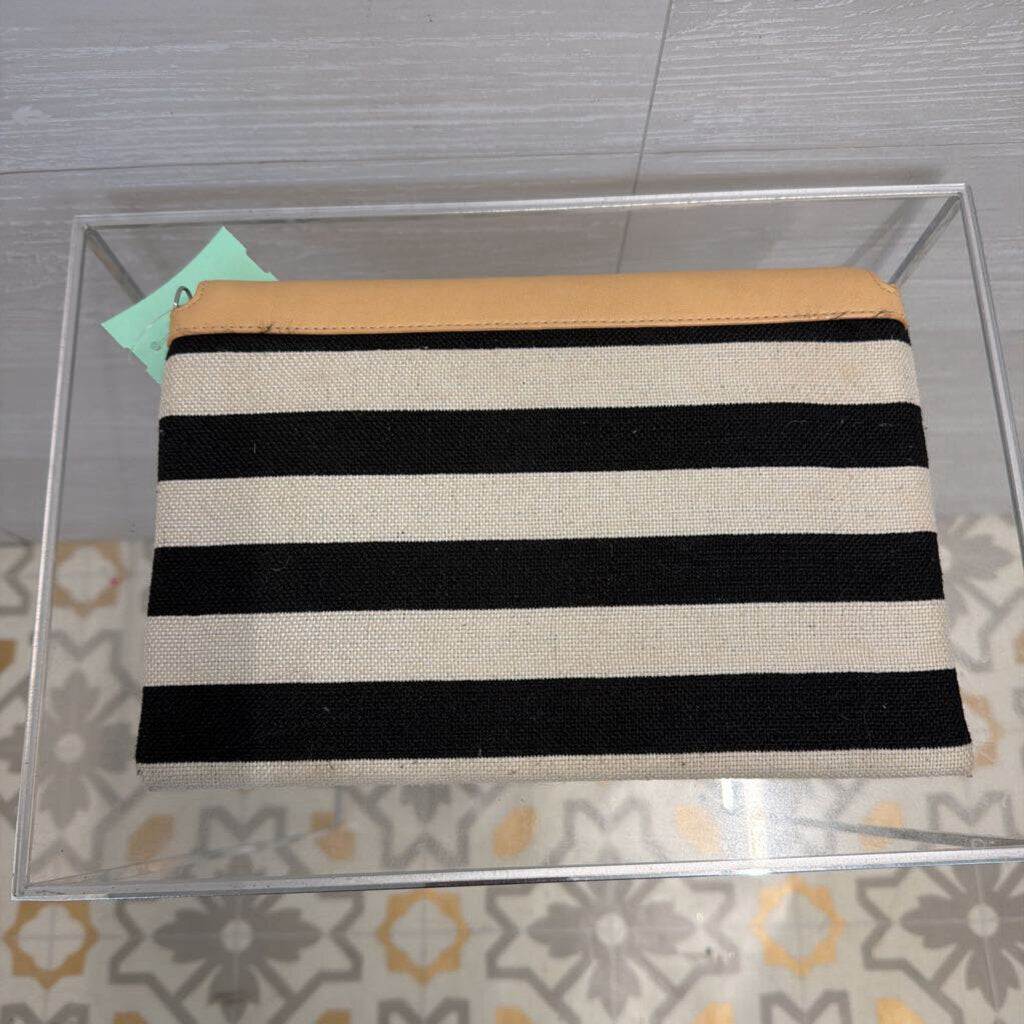 Black/ Beige Striped Canvas/ Brown Leather Clutch Purse