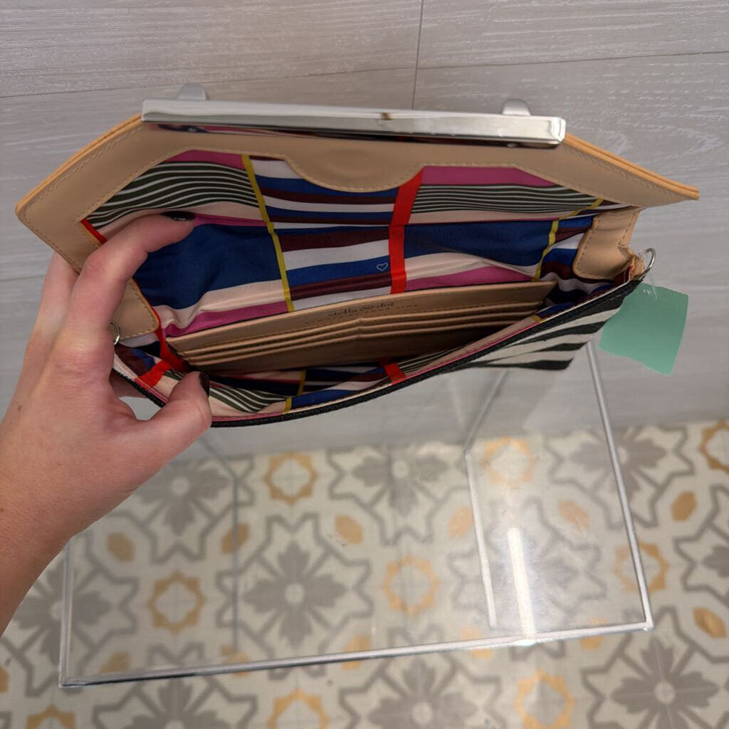 Black/ Beige Striped Canvas/ Brown Leather Clutch Purse