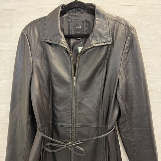JLC Black 100% Leather Tie Waist Zip Up Jacket Large