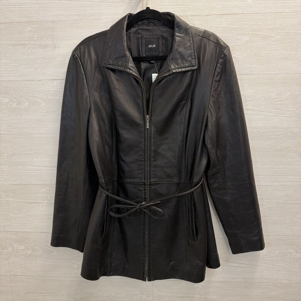 JLC Black 100% Leather Tie Waist Zip Up Jacket Large