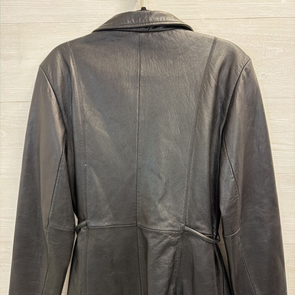 JLC Black 100% Leather Tie Waist Zip Up Jacket Large