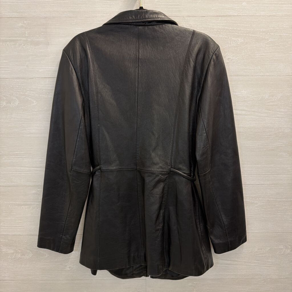 JLC Black 100% Leather Tie Waist Zip Up Jacket Large