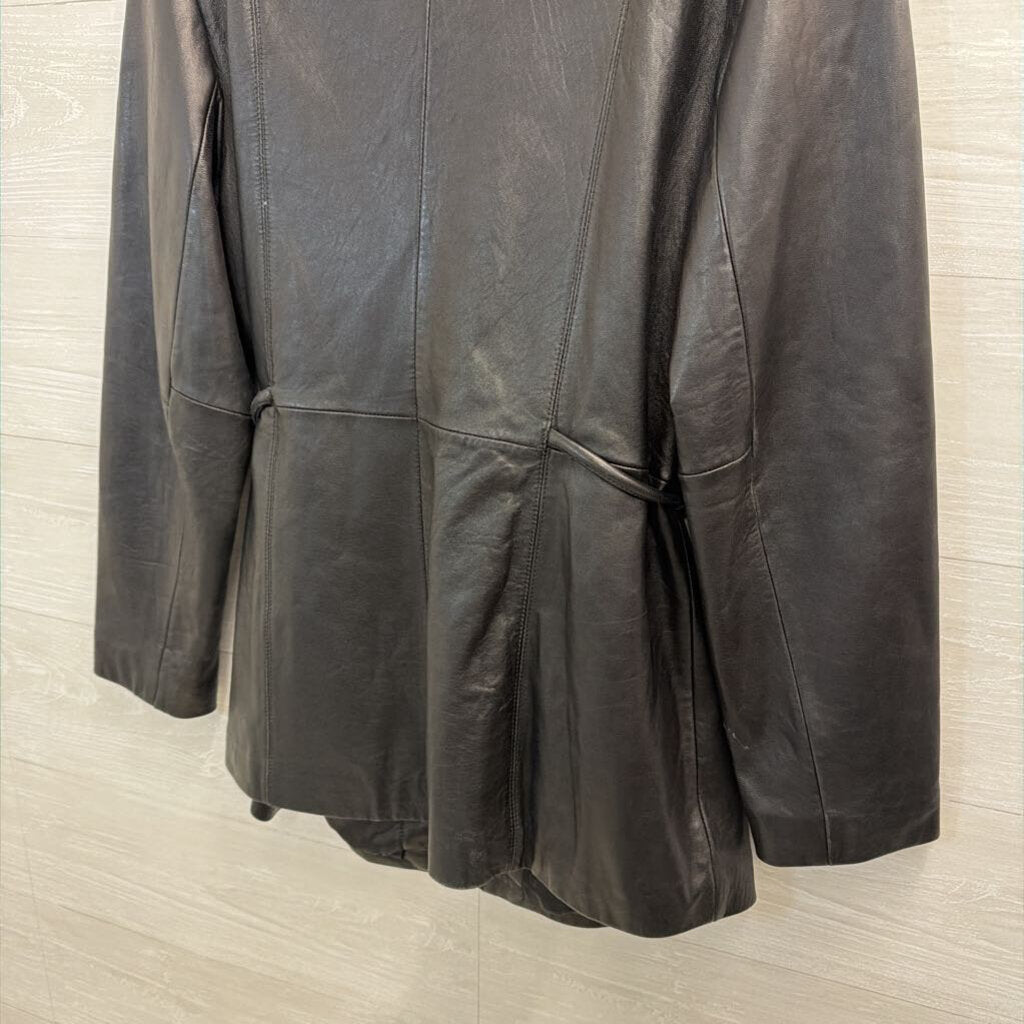 JLC Black 100% Leather Tie Waist Zip Up Jacket Large