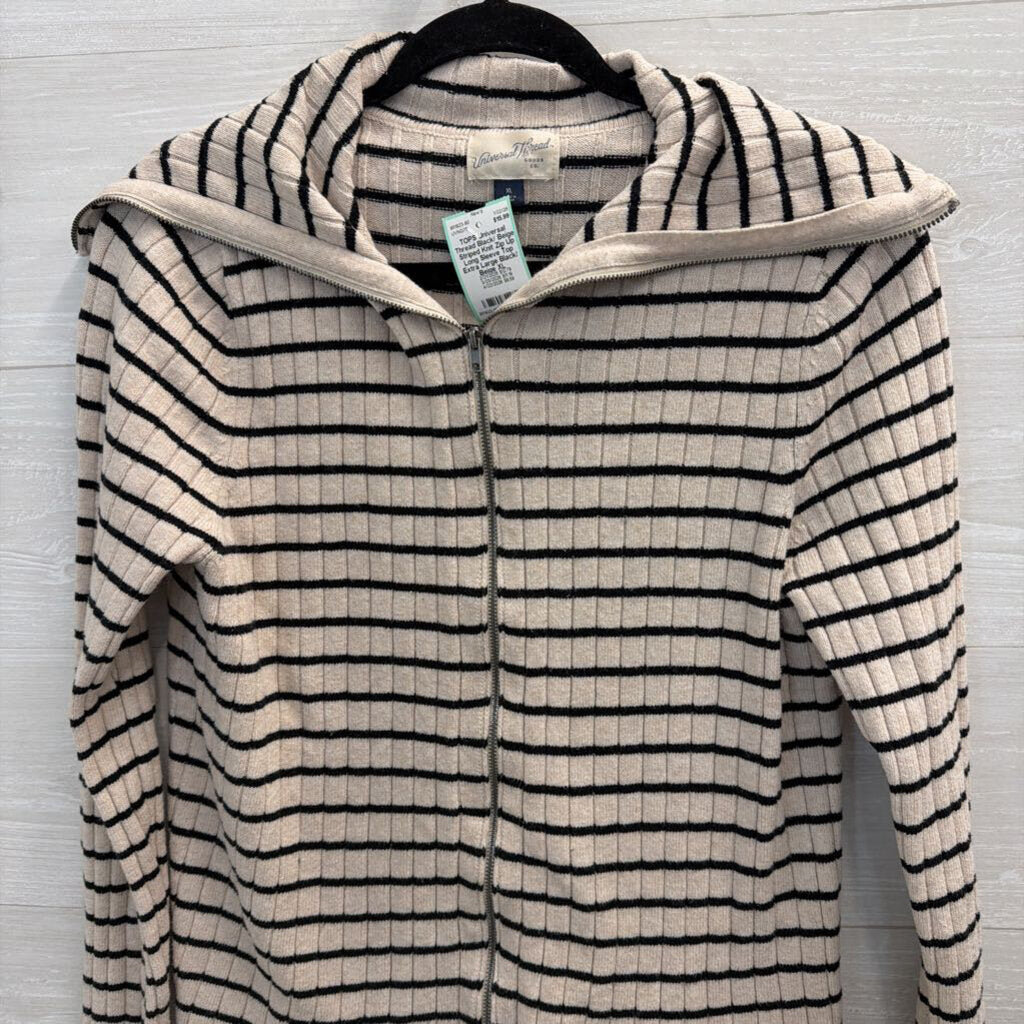 Black/ Beige Striped Knit Zip Up Long Sleeve Top Extra Large