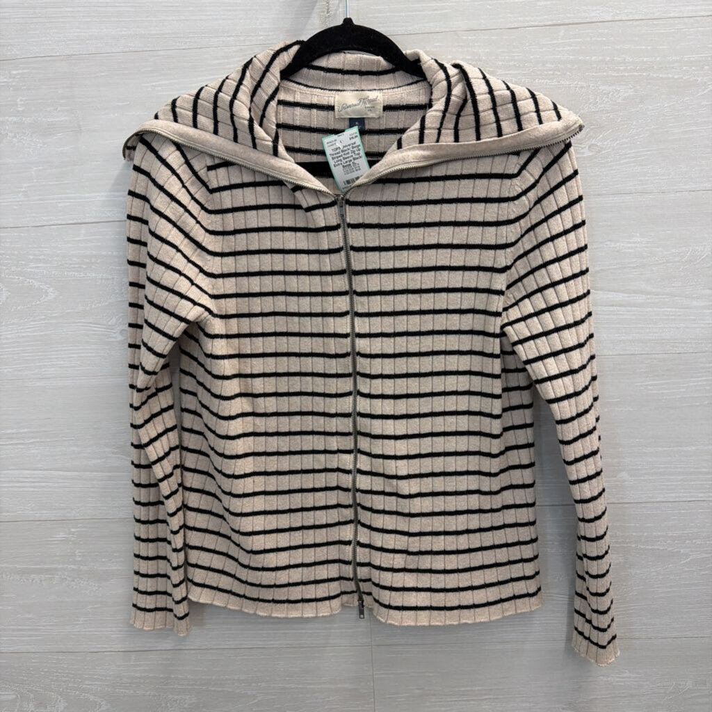 Black/ Beige Striped Knit Zip Up Long Sleeve Top Extra Large