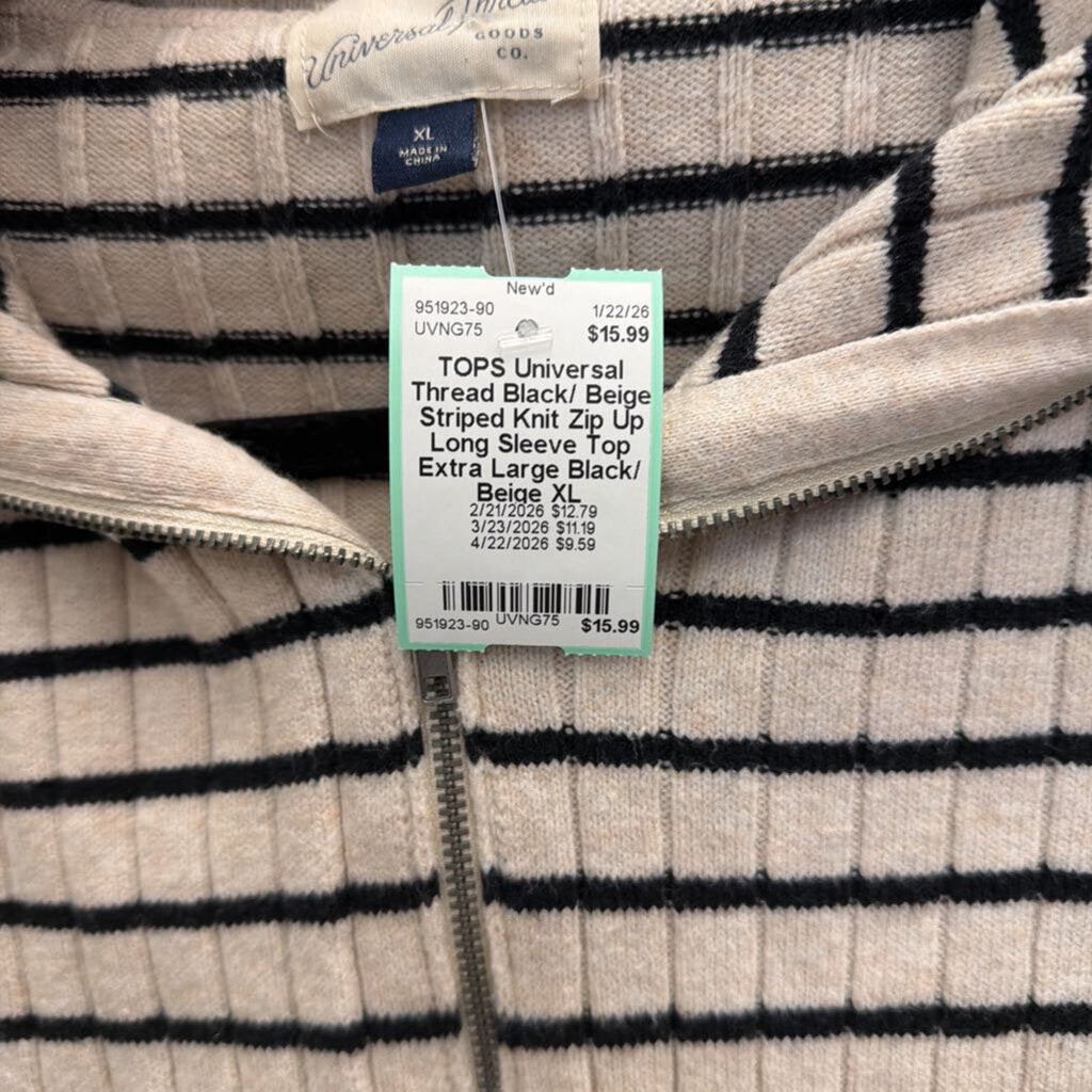 Black/ Beige Striped Knit Zip Up Long Sleeve Top Extra Large
