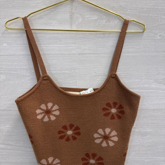 Altar'd State Brown Knit Flower Print Cropped Tank Top Medium