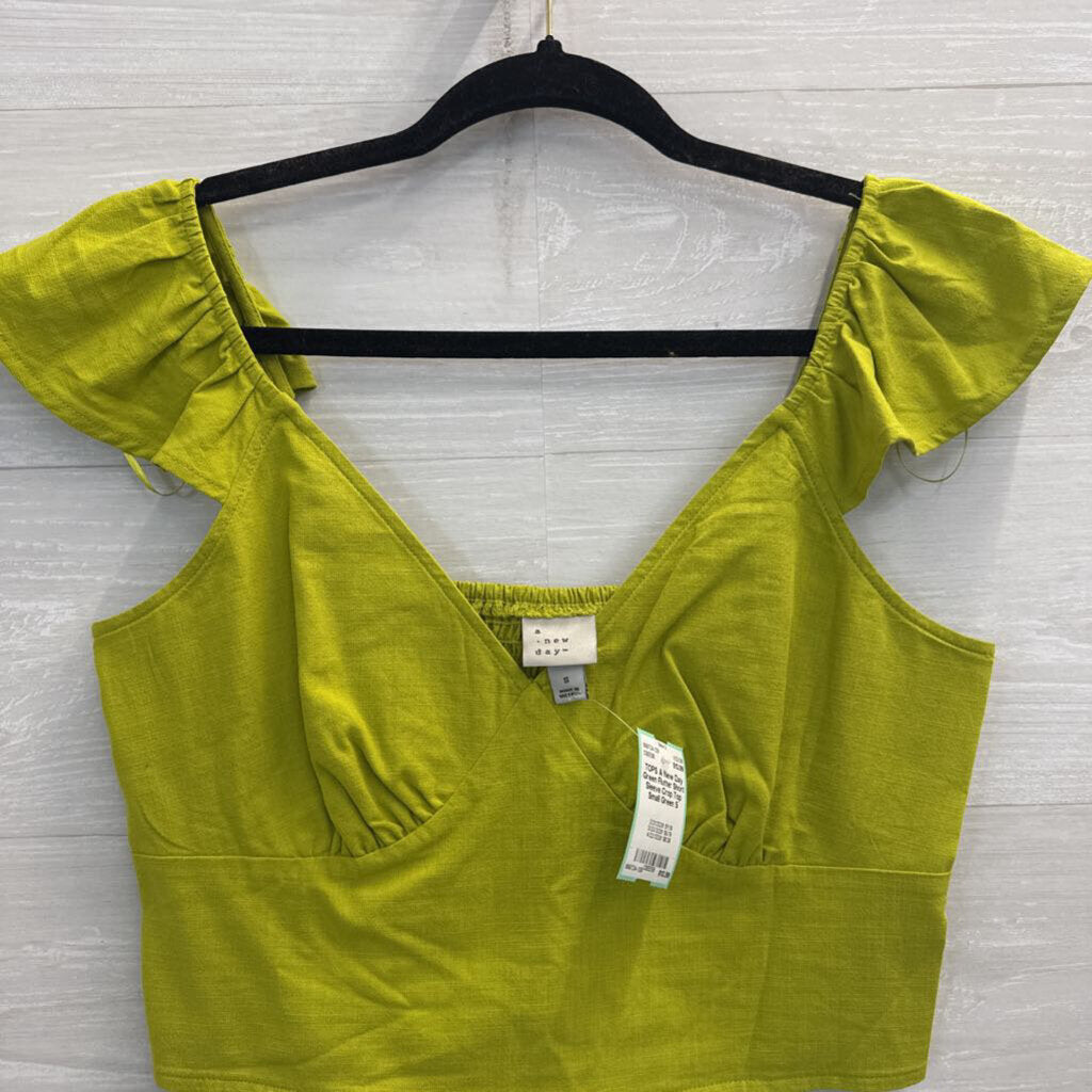 Green Flutter Short Sleeve Crop Top Small