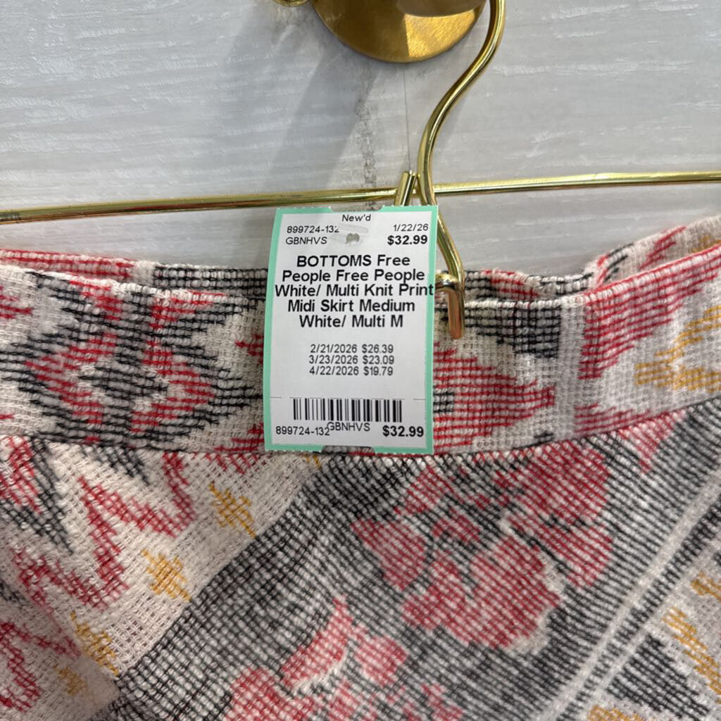 Free People White/ Multi Knit Print Midi Skirt Medium