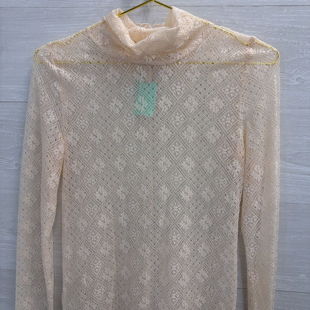 Intimately Free People Cream Sheer Lace Mock Neck Long Sleeve Top Medium