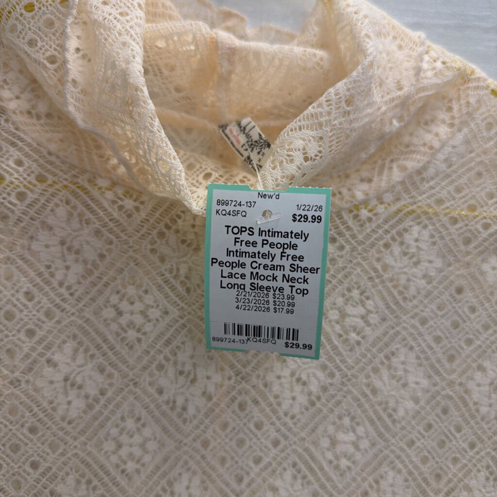 Intimately Free People Cream Sheer Lace Mock Neck Long Sleeve Top Medium