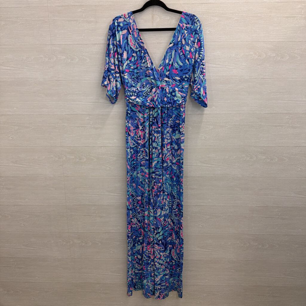 Lilly Pulitzer Blue/ Pink Print Long Sleeve Maxi Dress Large