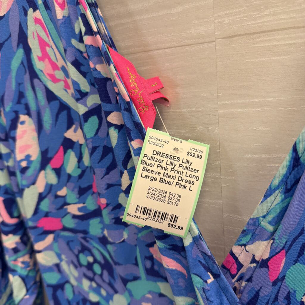 Lilly Pulitzer Blue/ Pink Print Long Sleeve Maxi Dress Large