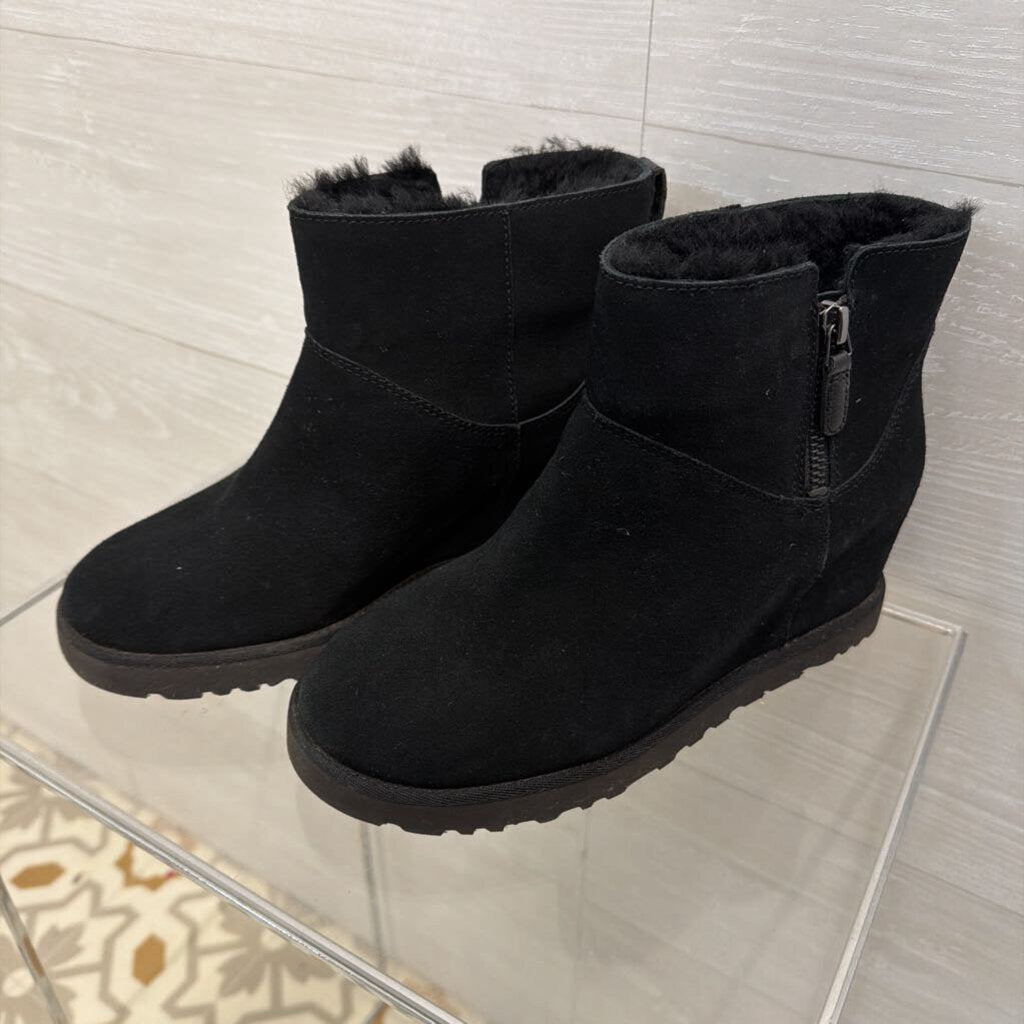 Ugg Black Suede Classic Femme Zip Mini Hidden Wedge Heel Boots 7.5