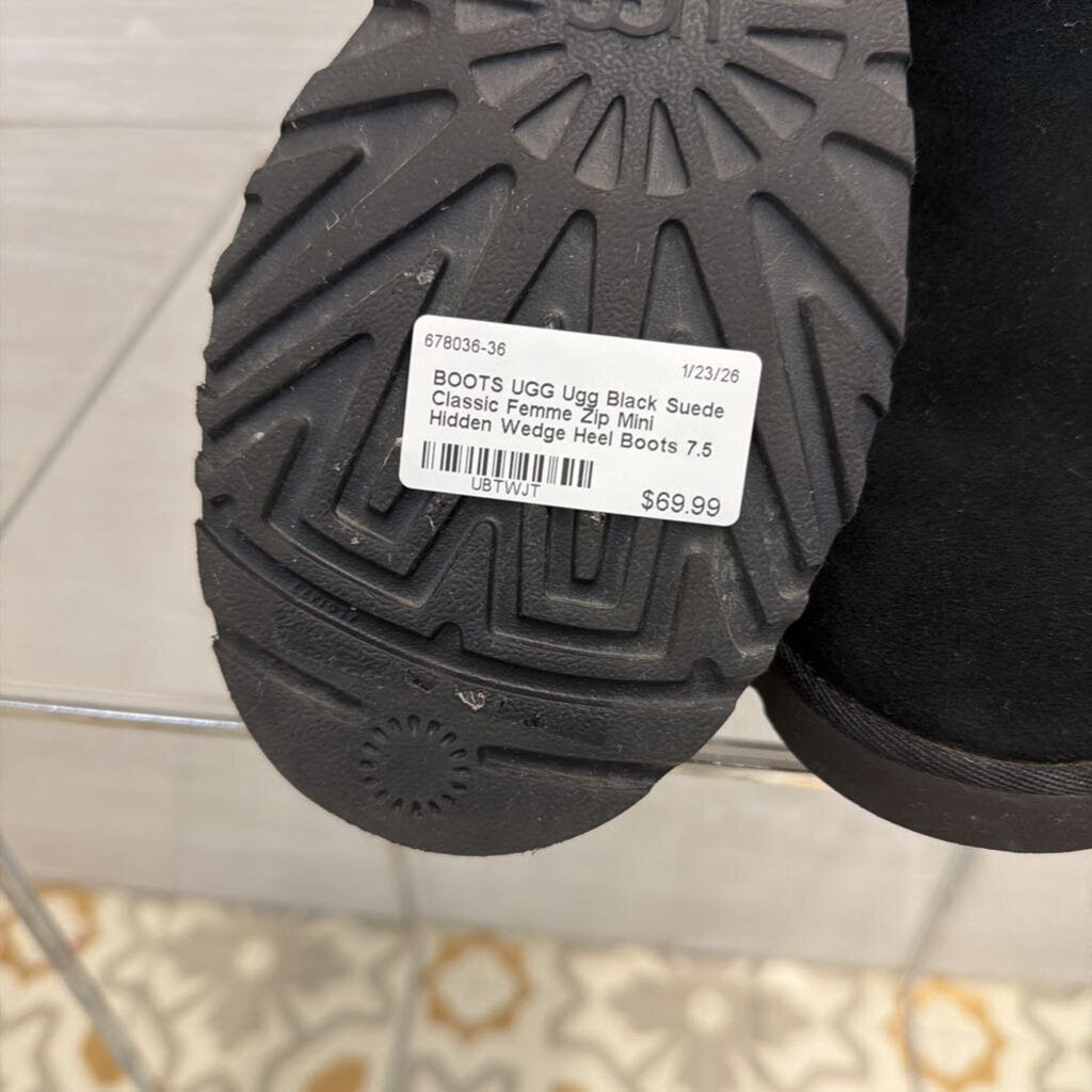 Ugg Black Suede Classic Femme Zip Mini Hidden Wedge Heel Boots 7.5