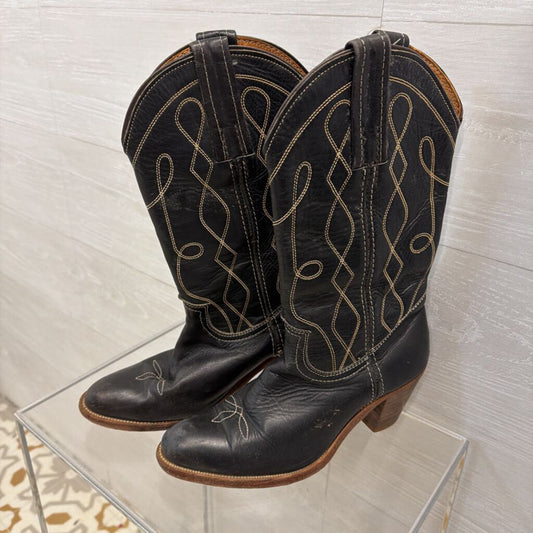 Fye Black/ Cream Contrast Stitching Leather Corinne Tall Boots 8