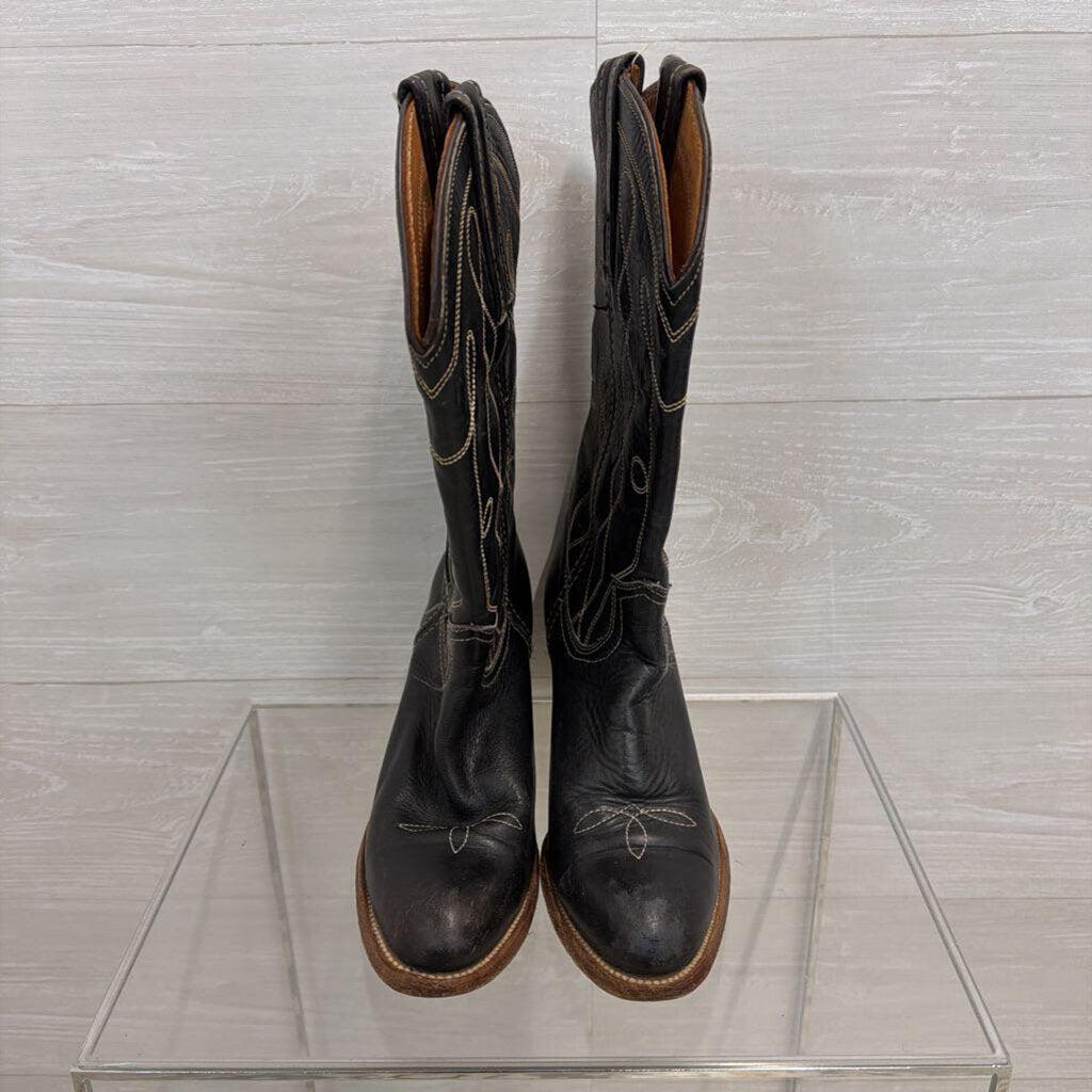 Fye Black/ Cream Contrast Stitching Leather Corinne Tall Boots 8