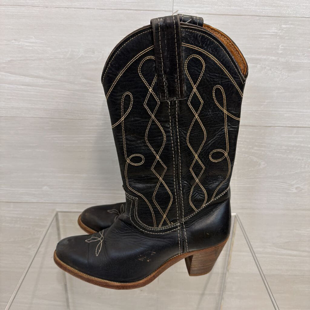 Fye Black/ Cream Contrast Stitching Leather Corinne Tall Boots 8