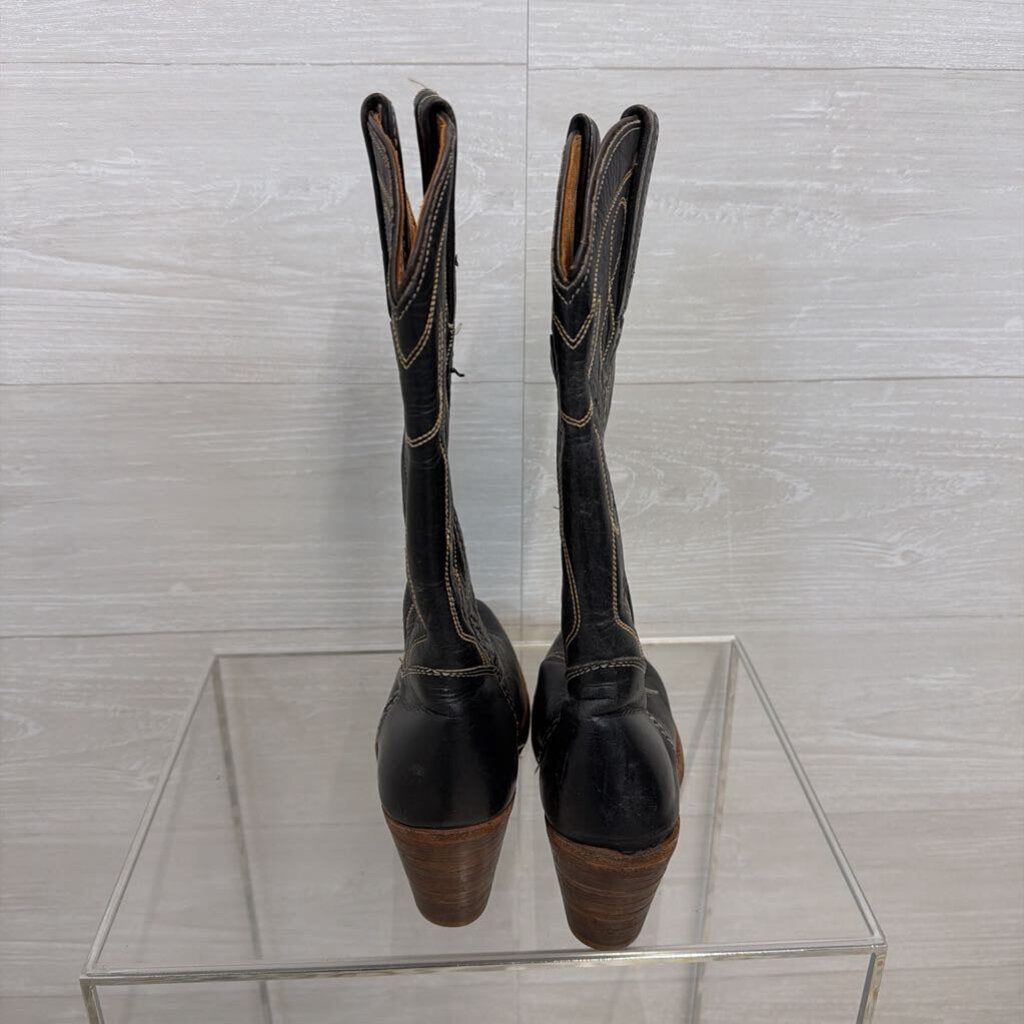 Fye Black/ Cream Contrast Stitching Leather Corinne Tall Boots 8