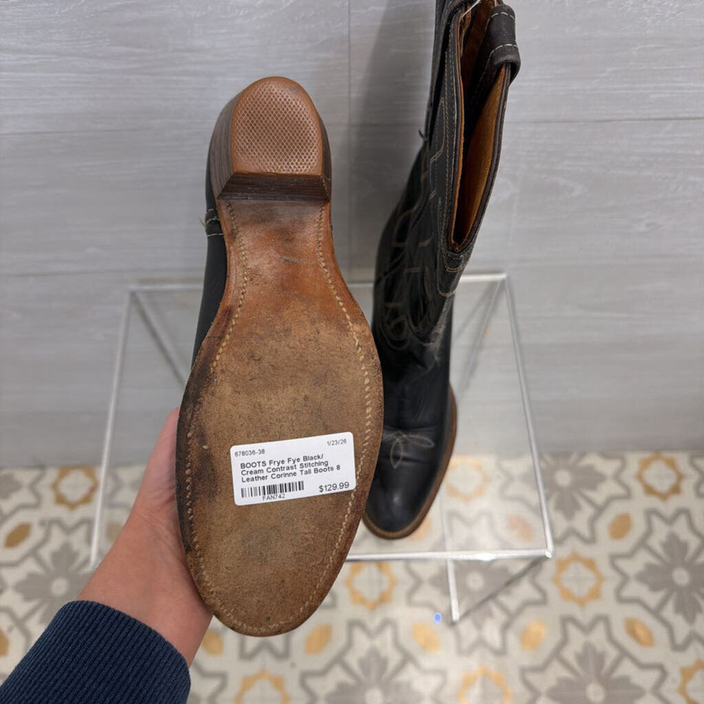 Fye Black/ Cream Contrast Stitching Leather Corinne Tall Boots 8