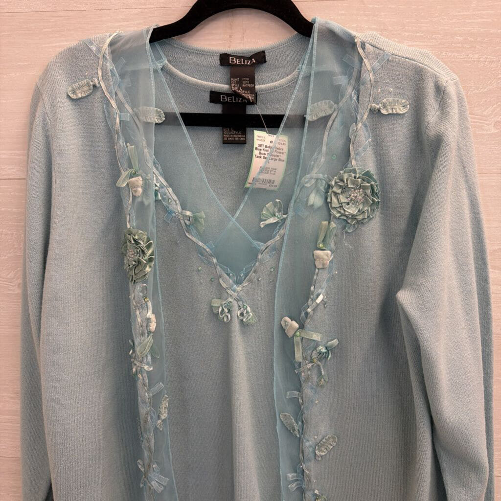 Beliza Blue Knit 3D Flower/ Bow Sweater/ Tank Set Large