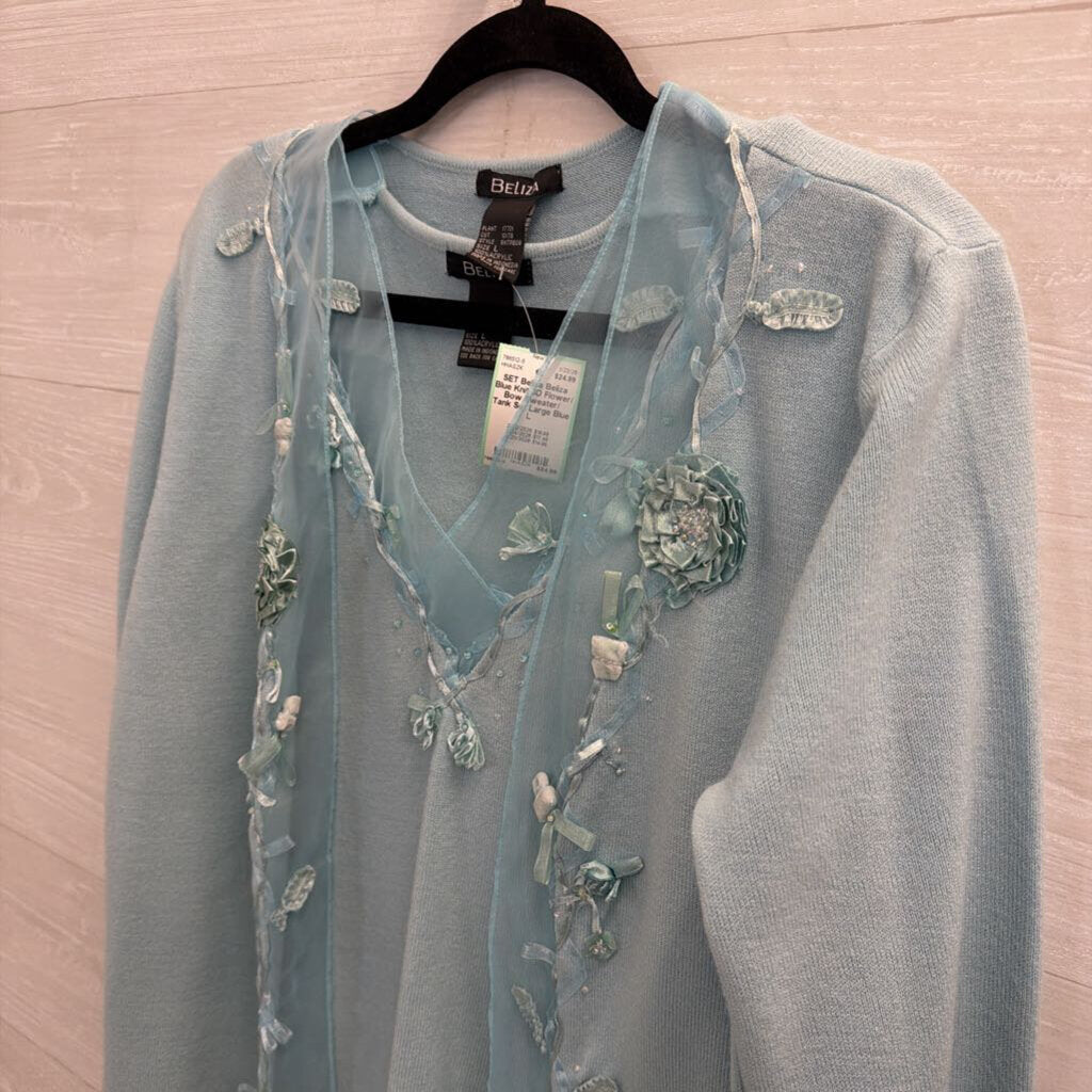 Beliza Blue Knit 3D Flower/ Bow Sweater/ Tank Set Large
