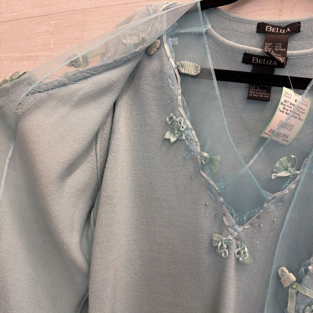 Beliza Blue Knit 3D Flower/ Bow Sweater/ Tank Set Large