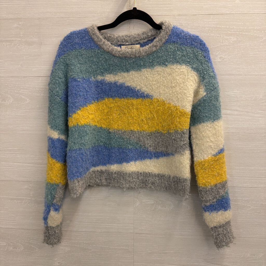 Jessica Simpson White/ Blue/ Yellow Print Cropped Sweater Extra Small