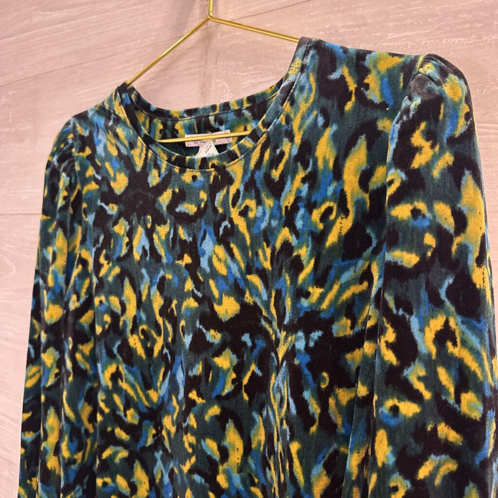 Chicos Blue/ Multi Velour Print Long Sleeve Top Large