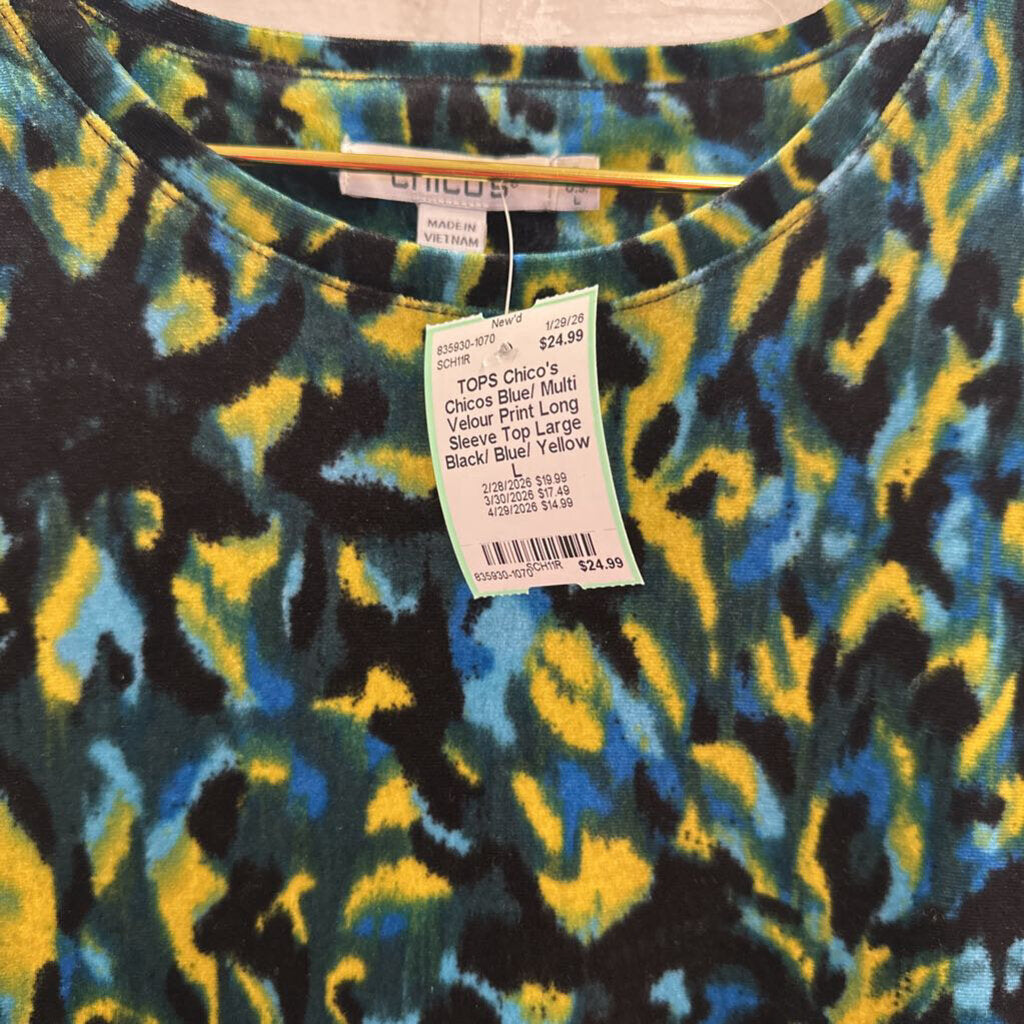Chicos Blue/ Multi Velour Print Long Sleeve Top Large